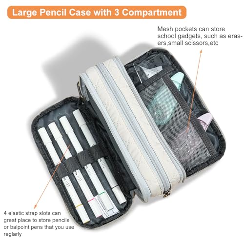 Image of Della Gao Large Pencil Case, Big Capacity Pencil Pouch with 3 Compartments, Office Pencil Bag with Zipper, Big Pen Case for Adults (01-3Beige)