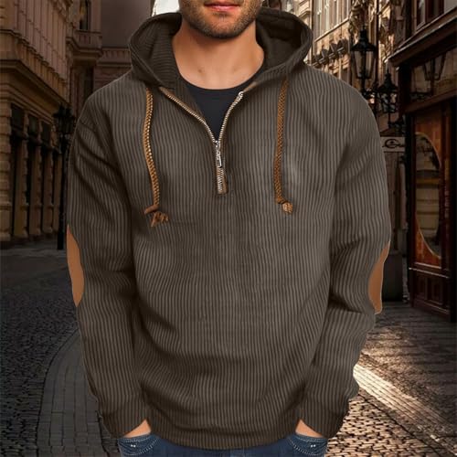 Mens Corduroy Hoodie Quarter Zip Casual Drawstring Hooded Long Sleeve Sweatshirt with Elbow Patches Textured Pullover3