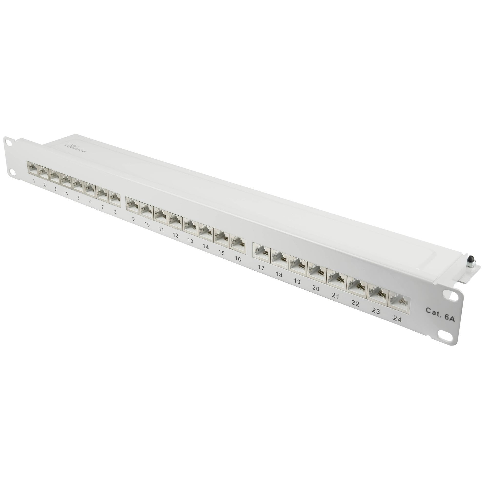 Good Connections® Panneau de Brassage - 19" - Montage sur Serveur/Rack - Cat. 6A, 500 MHz - Compatible 10 GIGABIT - 24 Ports - 1 U - Blindage STP - Ouverture sans Outil - Gris Clair (RAL7035)