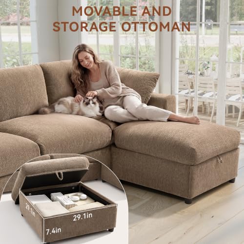 Image of Ihanherry Oversized Cloud Sectional Couches for Living Room, Modular Sectional Sofa with Wide Deep Seat, Coner Couch with Throw Pillow and Storage Ottoman, Brown