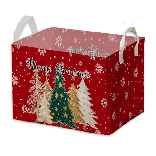 Image of Classic Tree & Snowman Christmas Storage Baskets, Empty Gift Baskets, Xmas Home Decor, Large Square Waterproof Canvas Laundry Hamper With PE Coating, Foldable Toy & Clothes Bins for Bedroom