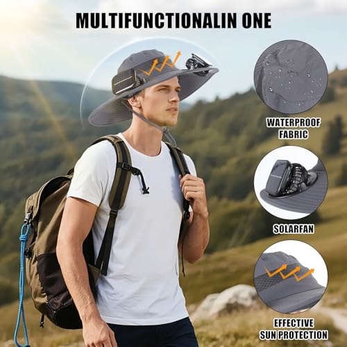Image of Solar Powered Fan Sun Hat for Men, UPF 50+ Wide Brim Cooling Bucket Hat, Sombrero para El Sol Hombre for Fishing Hiking Beach