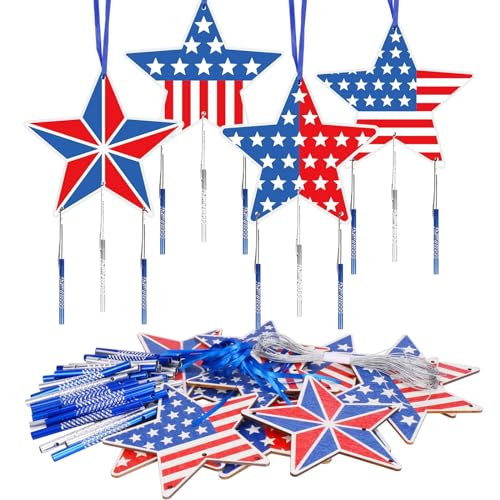 Fennoral 12 Pack Star Wind Chime Kit for Kids Make You Own Patriotic Star Wind Chimes DIY Colorful 4th of July Craft for USA Independence Day Ornaments 4th of July Art Activity