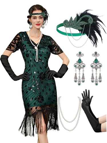 YESSA Flapper Dresses 1920s Dress for Women,Lace Neck Great Gatsby Dresses for Women Roaring 20s Dress with Sleeve for Harlem Nights/Cocktail/Party-1920s Costumes,Green,X-Large