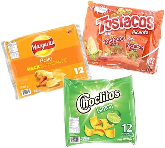 Colombian Snacks Party Pack 12 each Papa Pollo,Tostacos, Choclitos, Surtidos, Fiesta Pack 3, Party Pack 3, Hecho en Colombia, Made in Colombia. Assorted Snacks, Assorted Chips.