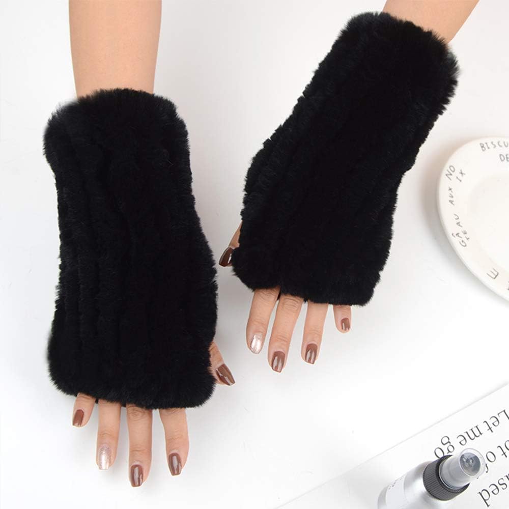 Women Real Rabbit Fur Gloves Mittens Winter Knit Warm Fingerless Hand Warmer - Image 2