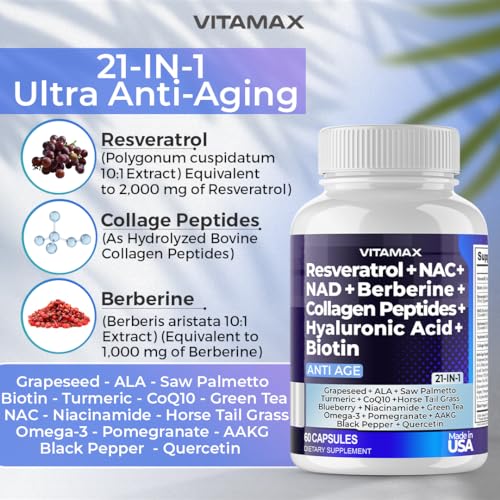 Vitamax Resveratrol Nad+ Berberine Hyaluronic Acid - Biotin Grape & Blueberry + Nac - Collagen Peptides - Hair, Nail, Skin & Joint Supplement thumb #4