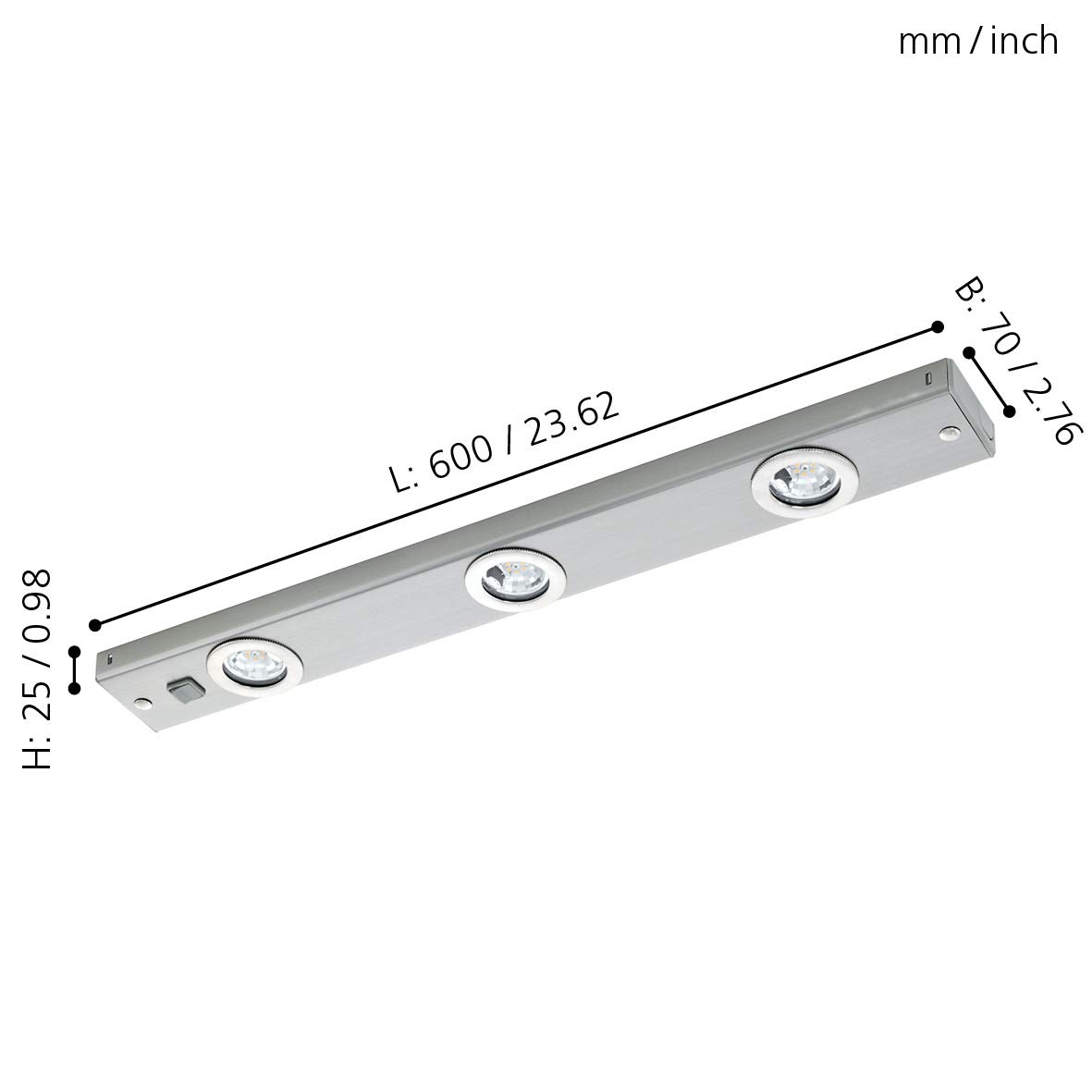 EGLO Kob Luz led para montar bajo mueble, lámpara de cocina de 3 focos de metal en plata con interruptor basculante, luz led para cocina, blanco cálido