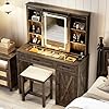 Farmhouse makeup vanity with charging stationvanity set with stoolsliding mirror3brightness lightslarge storage glass top dressing table with drawers and shelves for womengirlsdark oak  urban country home decor