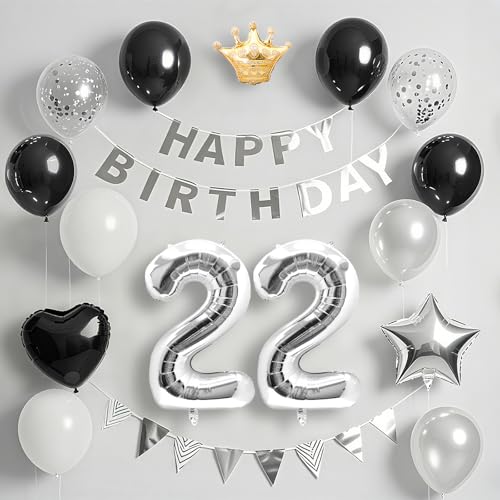 22歳 誕生日 飾り付け バルーン セット ブラック＆シルバー happy birthday バナー & 数字バルーン 紙吹雪 王冠付き 豪華パーティー装飾 男の子 女の子兼用
