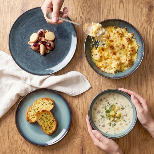 Image of Ceramic cutlery set, 16 pieces, 4-serving, modern style, includes salad plate and cereal bowl, microwave and dishwasher safe, misty green.