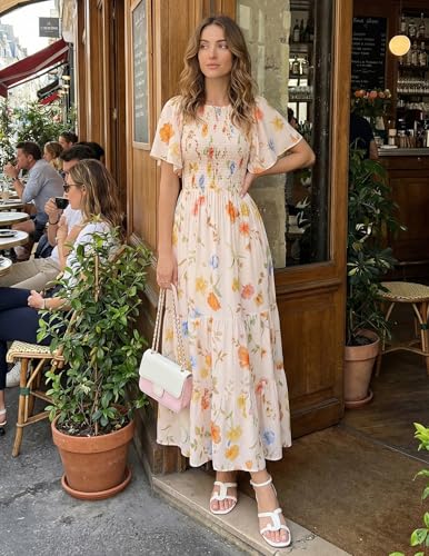 Image of ZESICA Women's 2026 Summer Boho Floral Maxi Dresses Casual Short Flutter Sleeve Smocked Tiered Flowy Dress