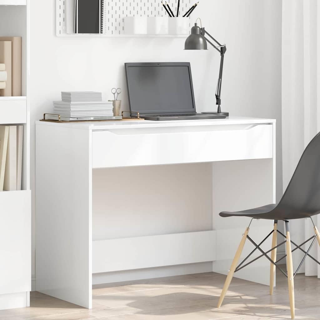 Scrivania Porta PC con Cassetto Bianco Lucido 100x50x78 cm | Tavolo da lavoro compatto per studio e camera da letto, con piano lucido facile da pulire e cassetto per cancelleria.