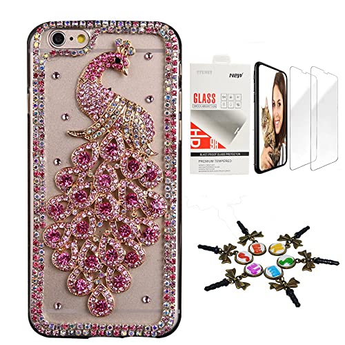STENES Bling Case Compatible with iPhone 7 Plus/iPhone 8 Plus - Stylish - 3D Handmade [Sparkle Series] Luxury Peacock Design Cover with Screen Protector [2 Pack] - Hot Pink