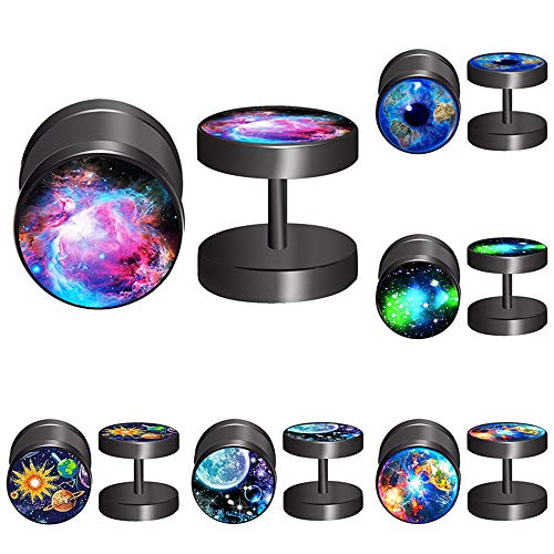 FLYUN 6Pairs Galaxy Earring Mens Earrings FakeGauge Earrings Surgical Steel Black Stud Men's Earrings Fake Plug Earring (Red-Galaxy)