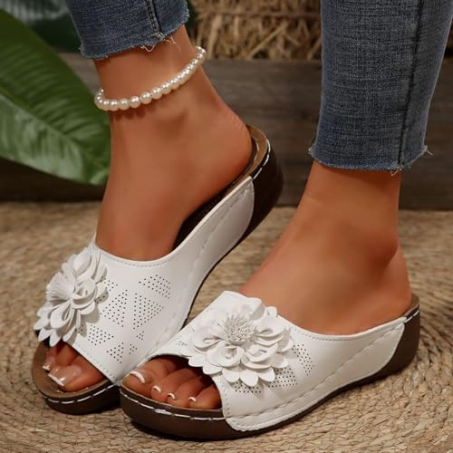 Chic Flowers Orthopedic Sandals for Women,Orthopedic Wedge Sandals for Women Arch Support Fish Mouth Open Toe Leather Slippers,Leather Floral Breathable Slide Sandals,Wedge Platform Shoes3