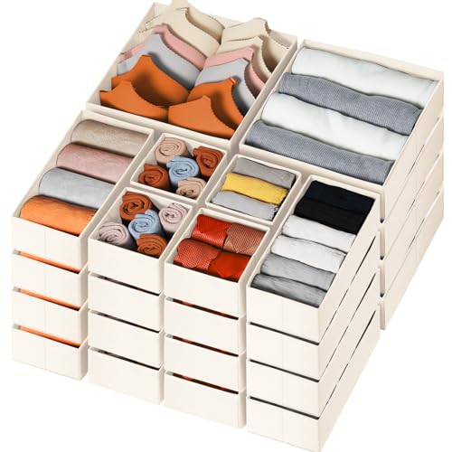 Image of Criusia Drawer Organizer Clothes, 24 Pack Dresser Organizer Bins for Nursery Bedroom, Closet Organization and Storage Dividers for Clothing, Baby Clothes, Underwears, Socks (Beige)