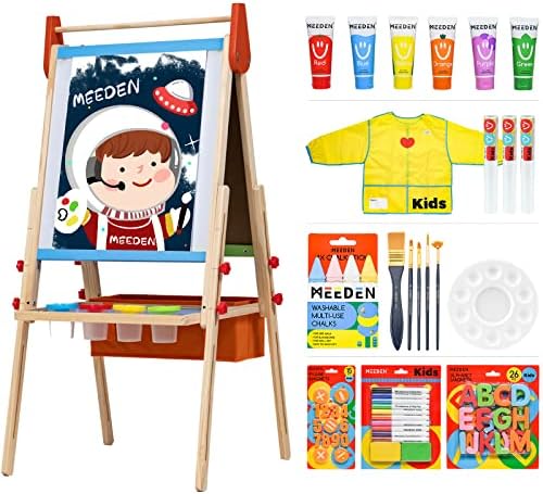MEEDEN Easel for Kids, Double-Sided All-in-one Wooden Art Easel, Kids Art Easel Set with Paper Rolls, Magnetic Easel with Whiteboard & Chalkboard, Finger Paints, Accessories Easel for Toddlers