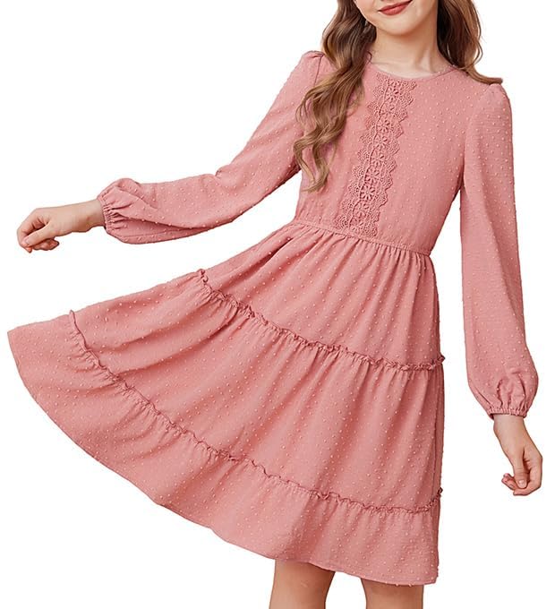 GRACE KARIN Mädchen Rüschen A-Linie Schweizer Punkt Prinzessin Kleid Langarm Festlich Partykleid Rosa 10 Jahre