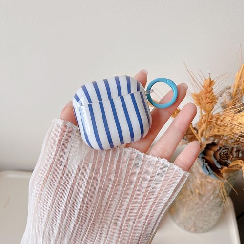Image of MINSCOSE for AirPods 4 Clear Case,Cute Striped Aesthetic Pattern Design with Trendy Keychain Ring,Soft TPU Protective Shockproof Cover with Cleaner Kit for Girls Women for Airpods 4-Dark Blue