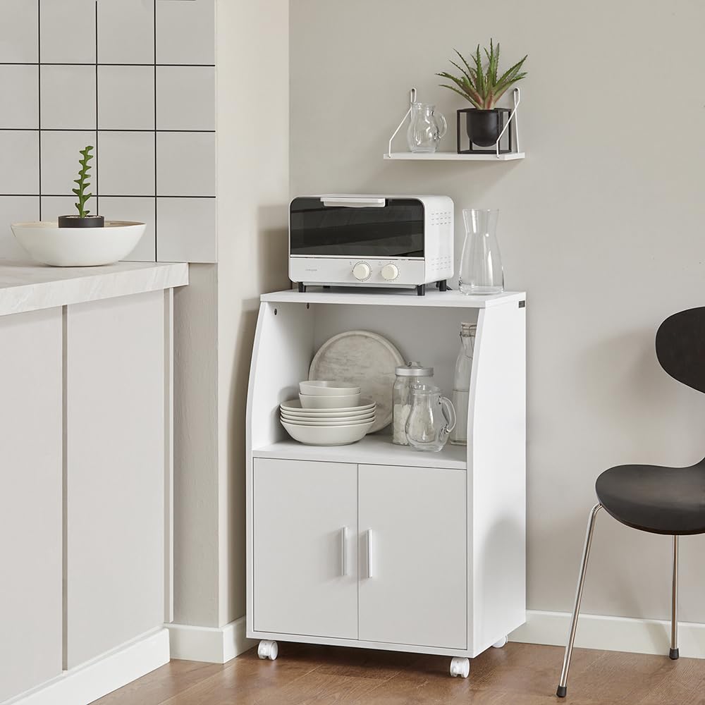 SoBuy Mobile Cucina Salvaspazio con Ante e Ripiano Regolabile – Carrello con Ruote Compatto per Microonde, Stampa o Caffè – Credenza Cucina Moderna Bianca 92x59x40 cm FRG241-W
