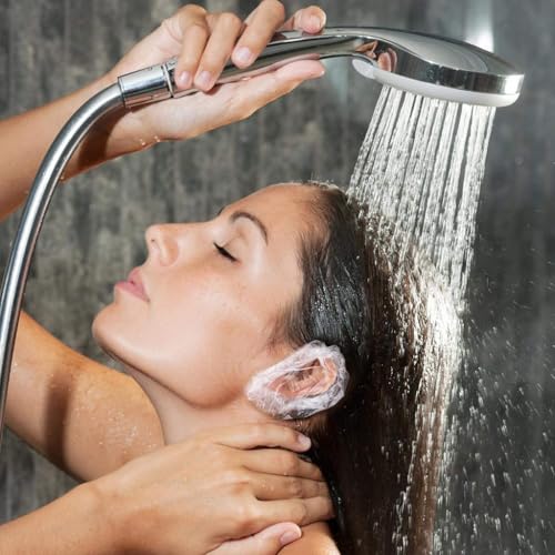 Image of Adbeni Waterproof Disposable Ear Cap for Women & Men, Clear Plastic Spa, Salon, Food Handling, Hotel, Travel & Dyeing Use High Quality Bath Shower Protection Hat for Bathroom & Beauty Treatments