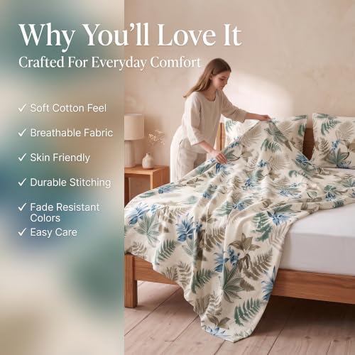 Image of BSB HOME 240 TC Cotton Double Bedsheet with 2 Pillow Covers, Soft & Breathable Bed Sheet for Double Bed, Fade & Wrinkle Resistant, Floral Print, 90 x 100 Inches (228 x 254 cm) - Earthy Eucalyptus