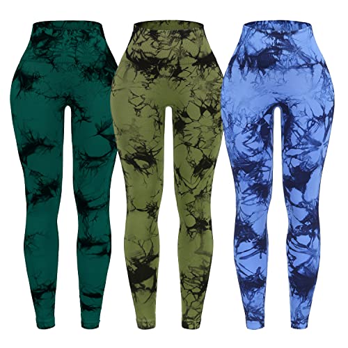 OVESPORT 3 Pack Tie Dye Seamless High Waisted Workout Leggings for Women Scrunch Butt Lifting Yoga Gym Athletic Pants Small 3pack-blue/Green/Cyan