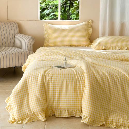 Image of NSNLGSGC Yellow Ruffle Gingham Comforter Set Queen, Pre-Washed Ruffled Plaid Checked Comforter Bedding, 3 Pieces Vintage Farmhouse Grid Bedding Set(Yellow Gingham, Queen)