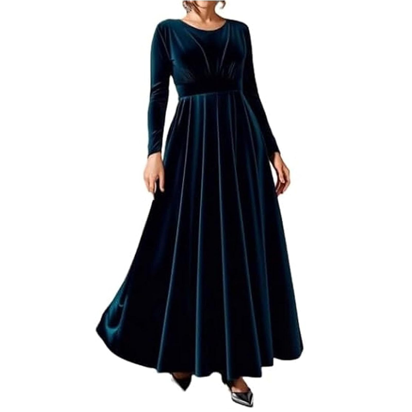 Women's Velvet Maxi Dress Long,Crewneck Long Sleeve Wedding Guest Dress Flowy Party Evening Cocktail Dresses (Blue,XL)