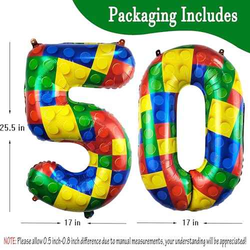 Image of 32 Inch Building Block Number 50 Balloons birthday Block Themed Large Big Helium Foil Mylar Balloon for Girls Boys Birthday Party Decoration Supplies