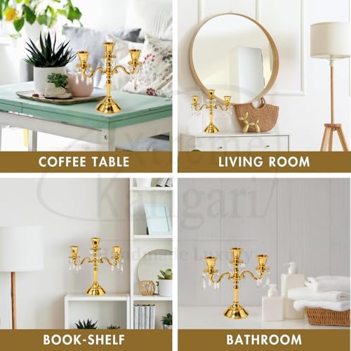 Image of Aluminum 3-Arm 8inch Gold Crystal Hanging Candelabra for Dining Table | Vintage Candle Stand for Romantic Dinner, Home & Wedding Decor