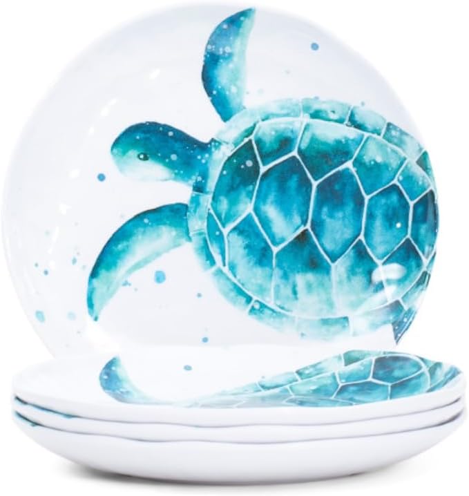 Turtle Melamine Lunch Salad Plates Set of 4, White, 9 inches