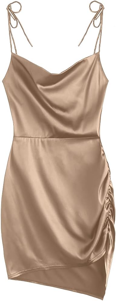 Women's Satin Sleeveless Spaghetti Strap Mini Dress Side Slit Cowl Neck Cocktail Party Dresses