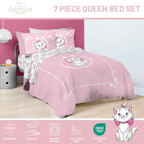 Image of Disney Aristocats Marie Queen Comforter Set 7 Piece Kids Bedding, Pink | Bed in a Bag, Comforter Sheets Shams Pillowcases, Official Brand, Soft Microfiber, Machine Washable, Girls Gift