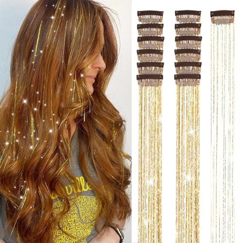 Gold Hair Tinsel Packs of 12Pcs Clip in Hair Tinsel Kit 20.5 inch...