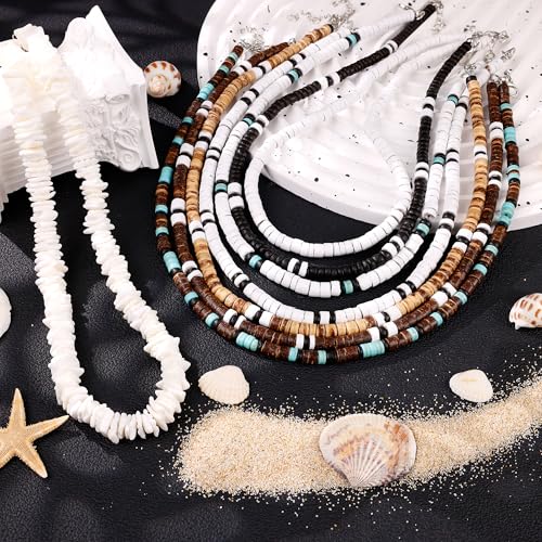 REVOLIA 8Pcs Puka Shell Necklace for Men Women Summer Beach Surfer Necklace Men Hawaiian Seashell Choker Necklace with Clam Chip Beads Necklace Beach Jewelry Set 16/18 Inches2