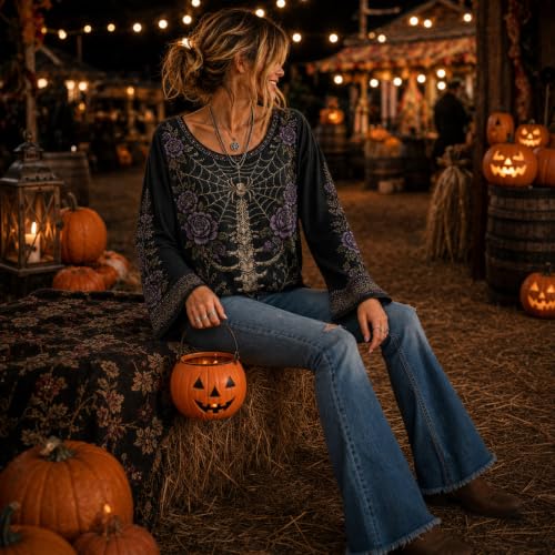 Womens Halloween Shirts Skeleton Shirt Floral Graphic Bell Sleeve Top - image 3