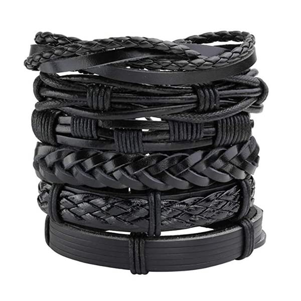 Image of PU Leather Multilayer Black Handcrafted Stylish Unisex Bracelet(set of 6)