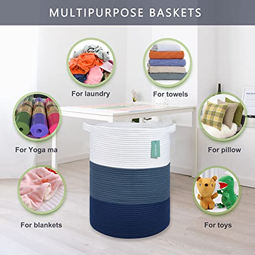 Image of Cotton Rope Blanket Basket, 72L Tall Laundry Hamper, White & Blue | 16 inchx 22 inch, Large Collapsible Woven Nursery Hamper with Sturdy Handles for Clothes Toys Towels, Bedroom Living Room Bathroom