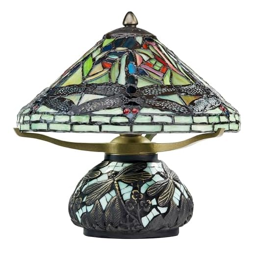 RIVER OF GOODS - Stained Glass Mini Dragonfly on Mosaic Base Table Lamp - 10.5" in - Table Lamp for Bedroom - Bedside Lamp - Desk Lamps for Home Office - Tiffany Style - Multi Color