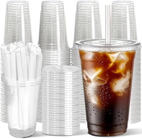 Joyeux 20 oz Clear Plastic Cups with Lids and Straws 100 Sets Disposable to Go Coffee Cups for Iced Coffee, Smoothie, Lemonade, Milkshakes, Party