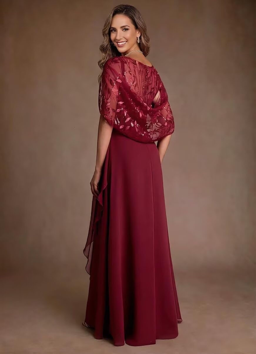 Chiffon Lace Applique Mother of Bride Dress for Women 2026 Cape Sleeve Long Formal Evening Dresses