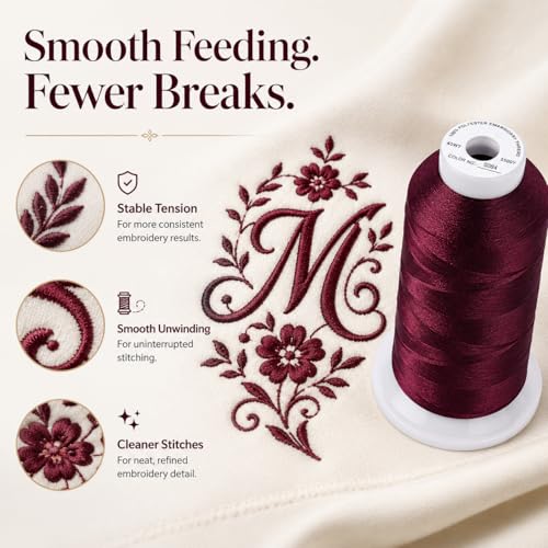 Image of Simthread 5500Yds 40WT Polyester Embroidery Thread Burgundy Cherry S084 | High-yardage 5000M spool offers smooth feeding and stable 40WT polyester thread for home and commercial embroidery machines.
