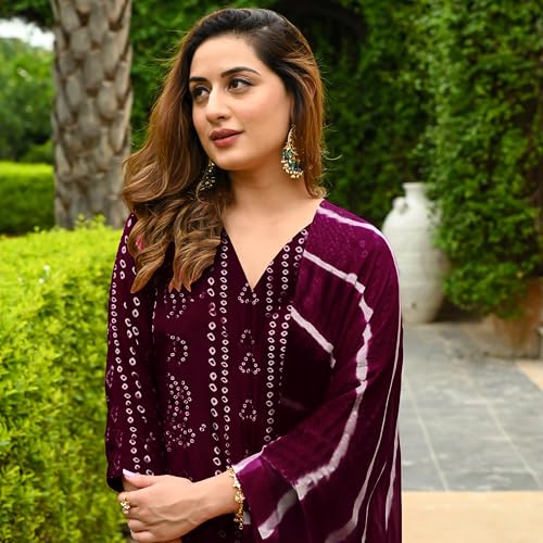 Image of ANNI Designer Women's Rayon Blend Straight Bandhej Printed Kurta with Pant & Dupatta