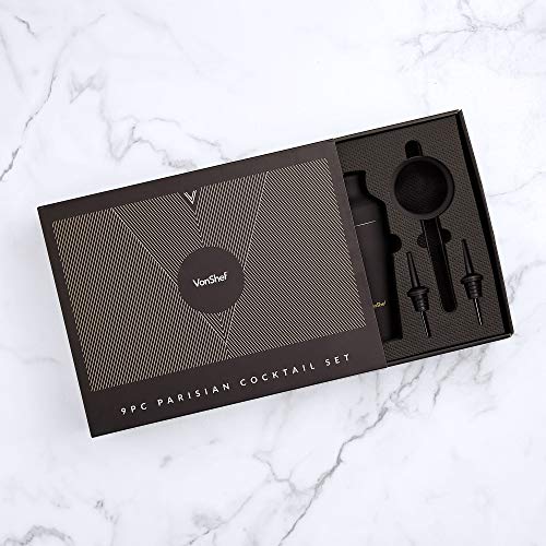 VonShef Matte Black Parisian Cocktail Shaker Set in Gift Box with 17oz Shaker, Muddler, Bar Spoon, Jigger, Hawthorne Strainer, Julep Strainer, Bottle Pourers and Recipe Book