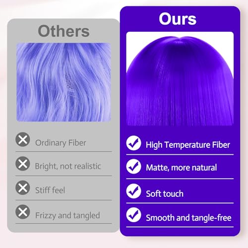 Image of MEEZY Dark Purple Short Bob Wigs Straight Hair with Flat Bangs Heart Sunglasses for Women, Colorful Funny Cosplay Party Neon Wig Synthetic Natural As Real Carnival Halloween Costume Party Favors