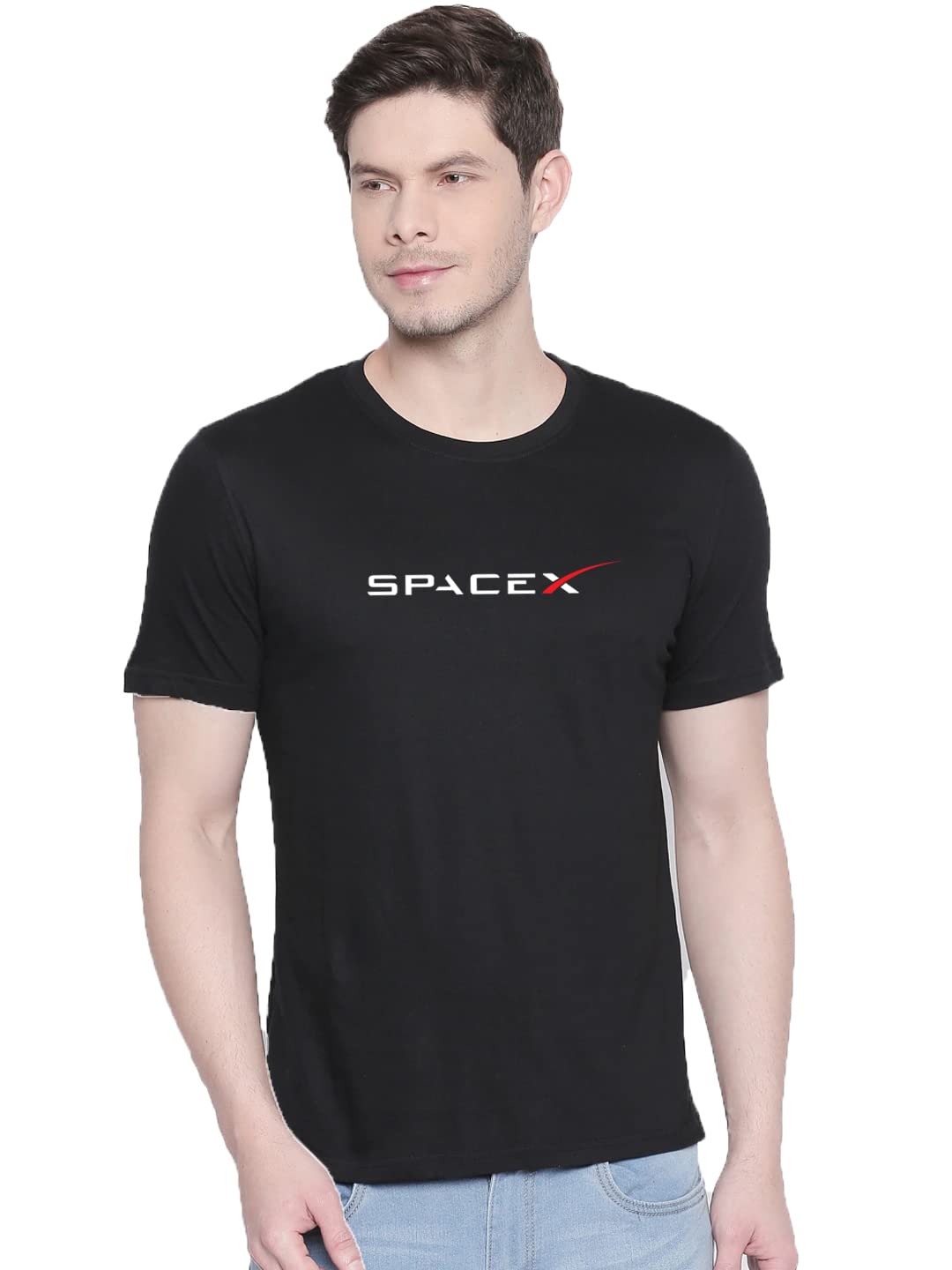 Organic ChicsRound Neck Half Sleeves Space X T-Shirt | Regular Fit Men�s T-Shirt | 100% Cotton T-Shirt with Customized Graphics Space X