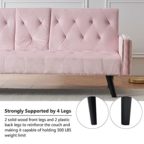 Betoko 72" Velvet Futon Couch Living Room Tufted Convertible Sleeper Sofa Bed With Cup Holder For Bedroom Small 2 Seater Sofas Couch With Nailhead Trim And Solid Wood Legs For Small Space (Pink) #TOP5