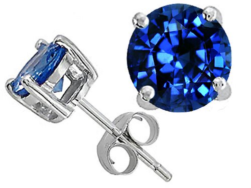 Tommaso Design 7mm Round Created Blue Sapphire Earrings Studs 14 kt White Gold